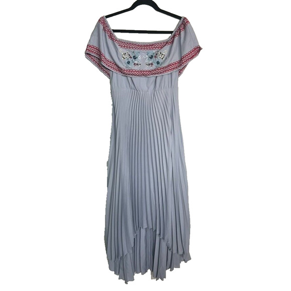 ASOS Maternity Dress Size 4 Light Blue High Low Embroidered Off Shoulder Zip - Picture 1 of 14